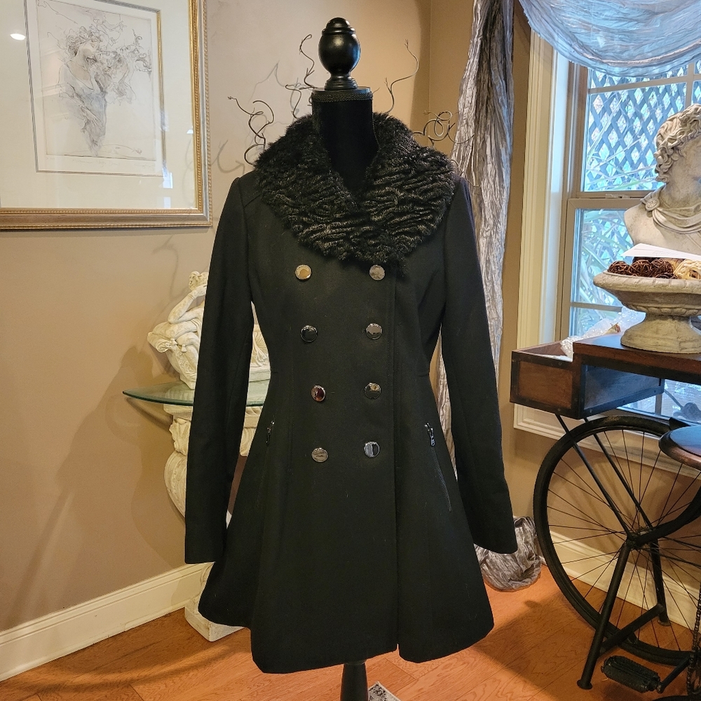 Guess Faux Fur Trim Wool Blend Skirted Pleated Pea Coat. Desigigner Black Medium
